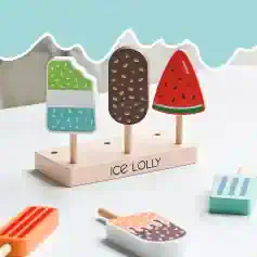 Colorful wooden ice lolly toys on a white background at Monalisa Medical store.