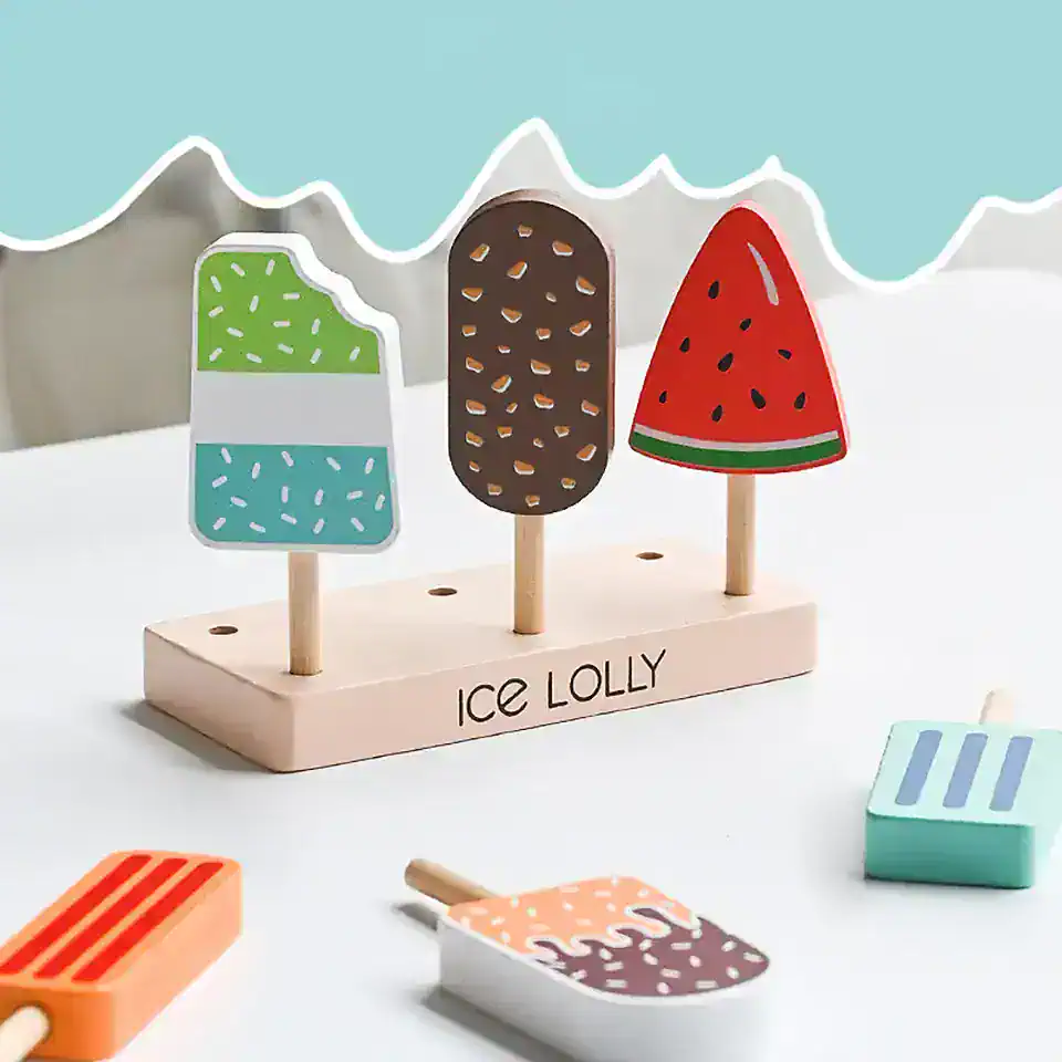 Colorful wooden ice lolly toys on a white background at Monalisa Medical store.