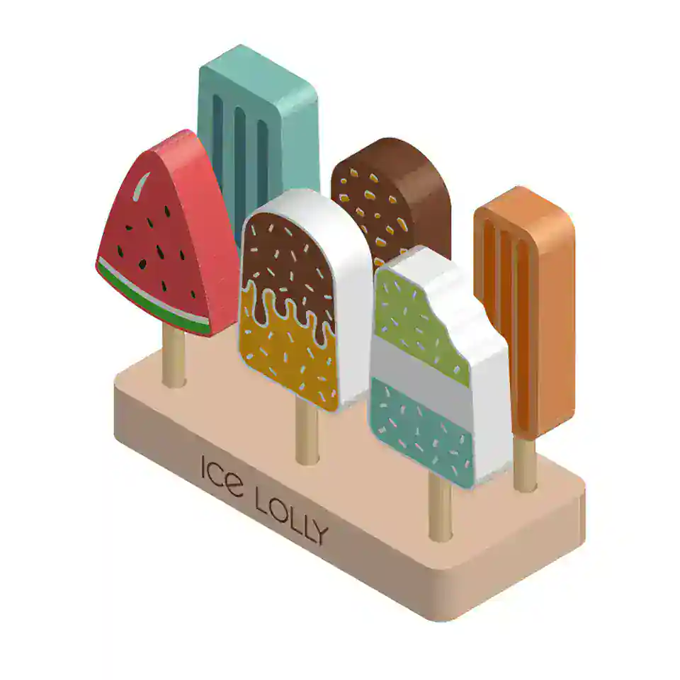 Colorful ice cream lollies in various flavors and shapes on a wooden stand, perfect for summer snacks, healthy treats, and frozen desserts. Available at Monalisa Store, catering to ice lolly lovers and snack enthusiasts.