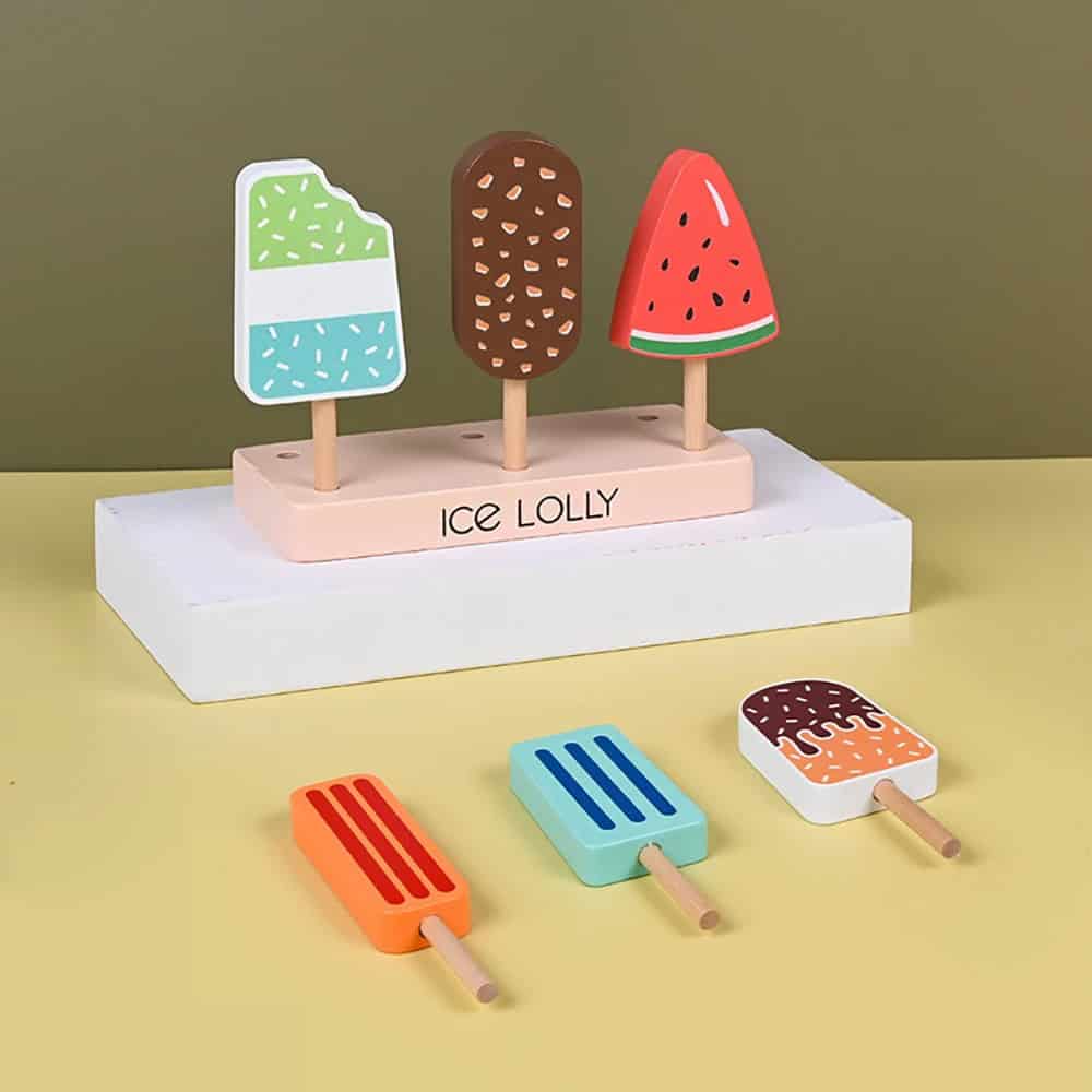Colorful ice lolly toy set for children, perfect for imaginative play and sensory development, featuring vibrant designs of ice creams and popsicles.