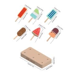 Colorful wooden ice cream and popsicle toys set for kids, with detailed measurements, perfect for sensory play and ice cream shop pretend play, enhancing fine motor skills.