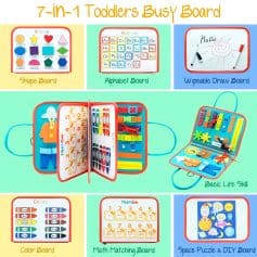 Colorful educational busy board for toddlers with shape, alphabet, draw, number, color, math, and space puzzle activities to enhance early learning skills.