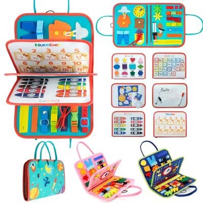 Colorful educational kids' toy kit with various learning activities including shapes, numbers, alphabet, colors, and creative drawing accessories for early childhood development.