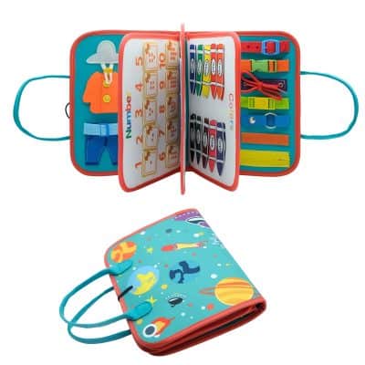 Colorful children's educational travel case with space-themed design and interactive learning contents.