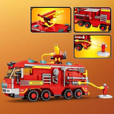 Fire truck building blocks, emergency rescue toy set, LEGO fire rescue vehicle with hose and firefighting equipment, kids' fire truck playset for children, Monalisa Store fire brigade construction toy.