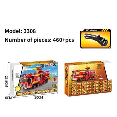 Colorful fire truck building blocks toy with 460+ pieces, suitable for children ages 6-12, promoting creativity and STEM learning. Includes gift starter set and multiple accessories for imaginative play.