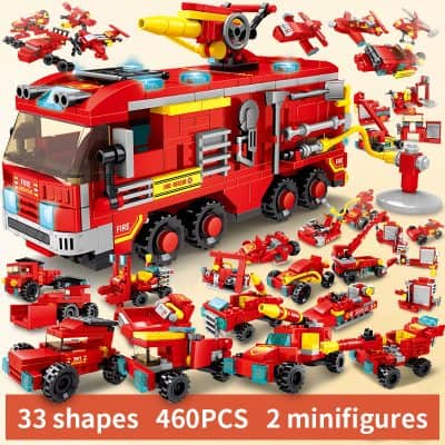 Fire truck building blocks set with 33 shapes, 460pcs, and 2 mini figures, perfect for kids and toy enthusiasts. Includes functional hoses and ladders for imaginative firefighting role-play.