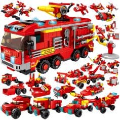 Fire truck building block set for children, fire rescue vehicle, emergency firefighting LEGO style bricks, toy fire engines and firefighting equipment, creative construction toy for kids.