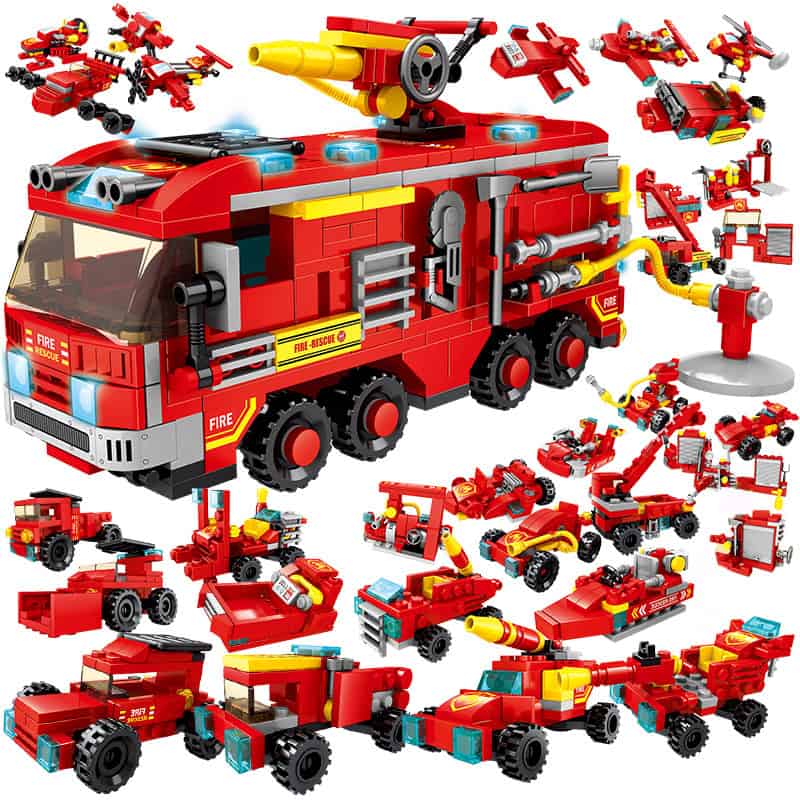 Fire truck building block set for children, fire rescue vehicle, emergency firefighting LEGO style bricks, toy fire engines and firefighting equipment, creative construction toy for kids.