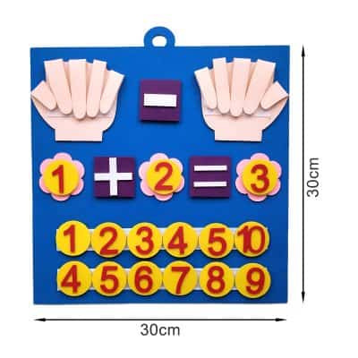 Colorful educational foam math toy board with numbers, addition symbols, and hands-on learning tools for children.