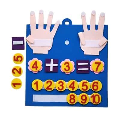 Colorful educational felt board with numbers, addition symbols, and pretend hands, designed for kids' learning activities in a medical or holistic educational setting.