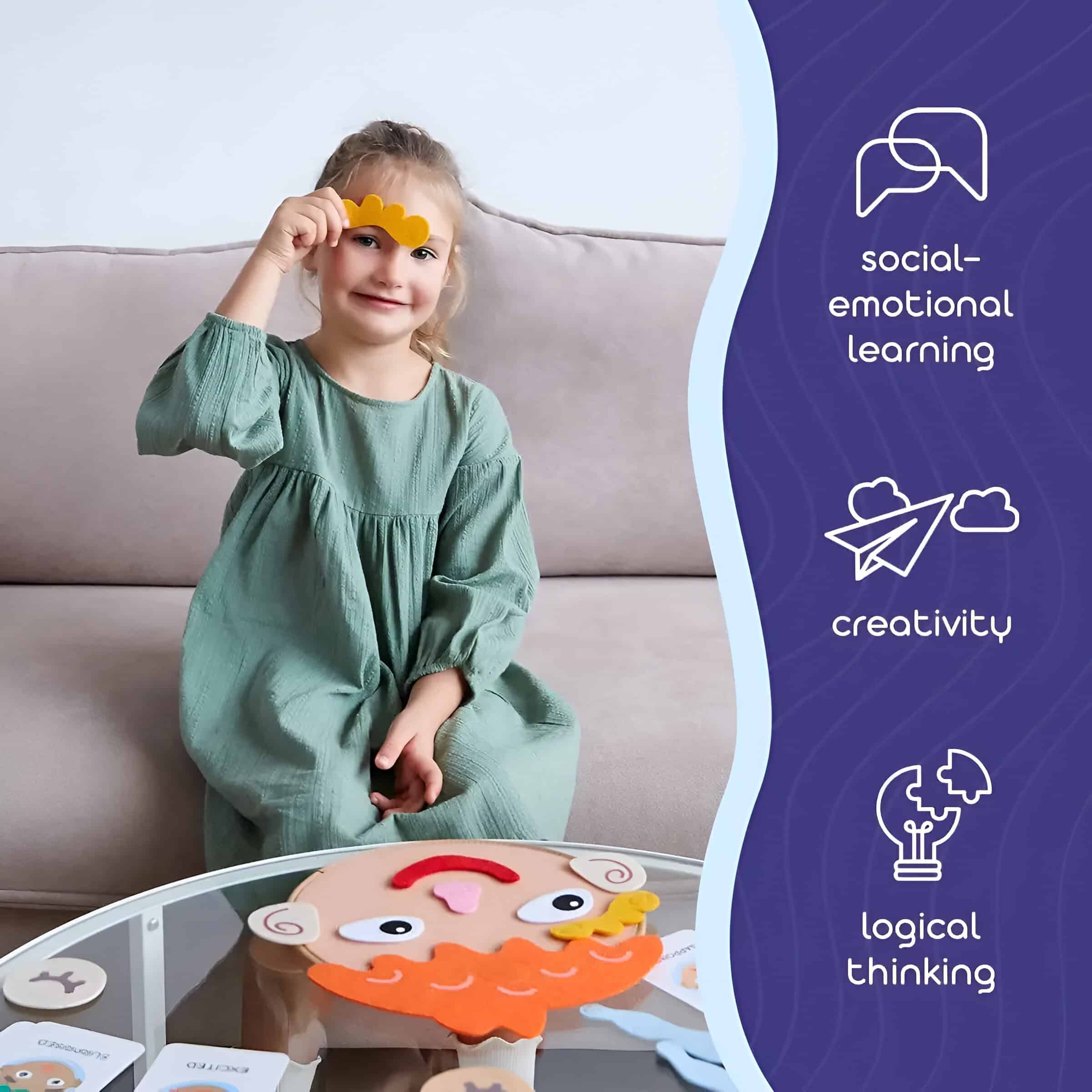 Engaging young girl playing with educational and creative toys, promoting social-emotional learning, creativity, and logical thinking through interactive activities at Monalisa Store.