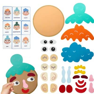 Colorful felt facial expression matching puzzle set, kids’ emotion recognition educational toy for learning happiness, sadness, anger, surprise, and more at Monalisa Store.