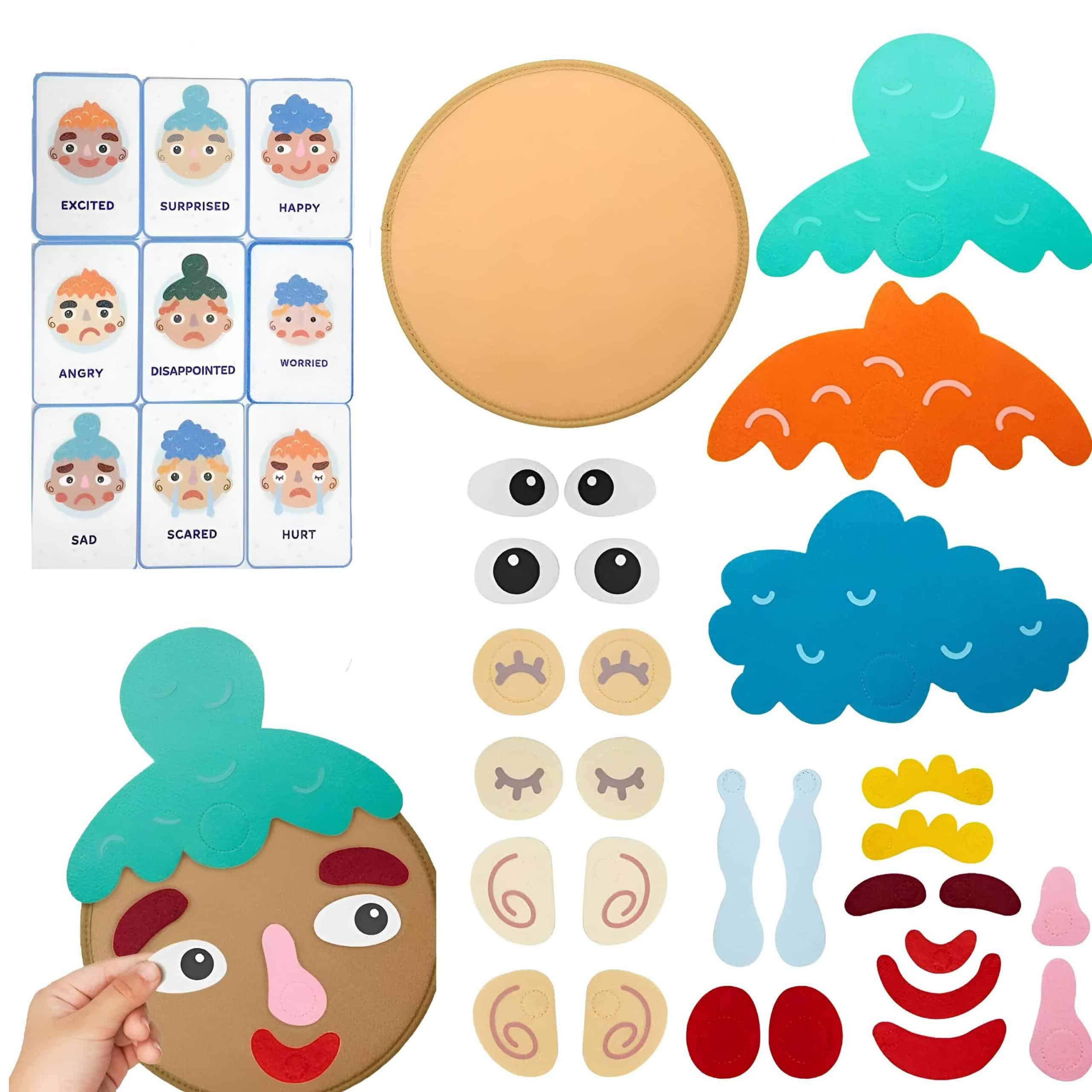 Colorful felt facial expression matching puzzle set, kids’ emotion recognition educational toy for learning happiness, sadness, anger, surprise, and more at Monalisa Store.