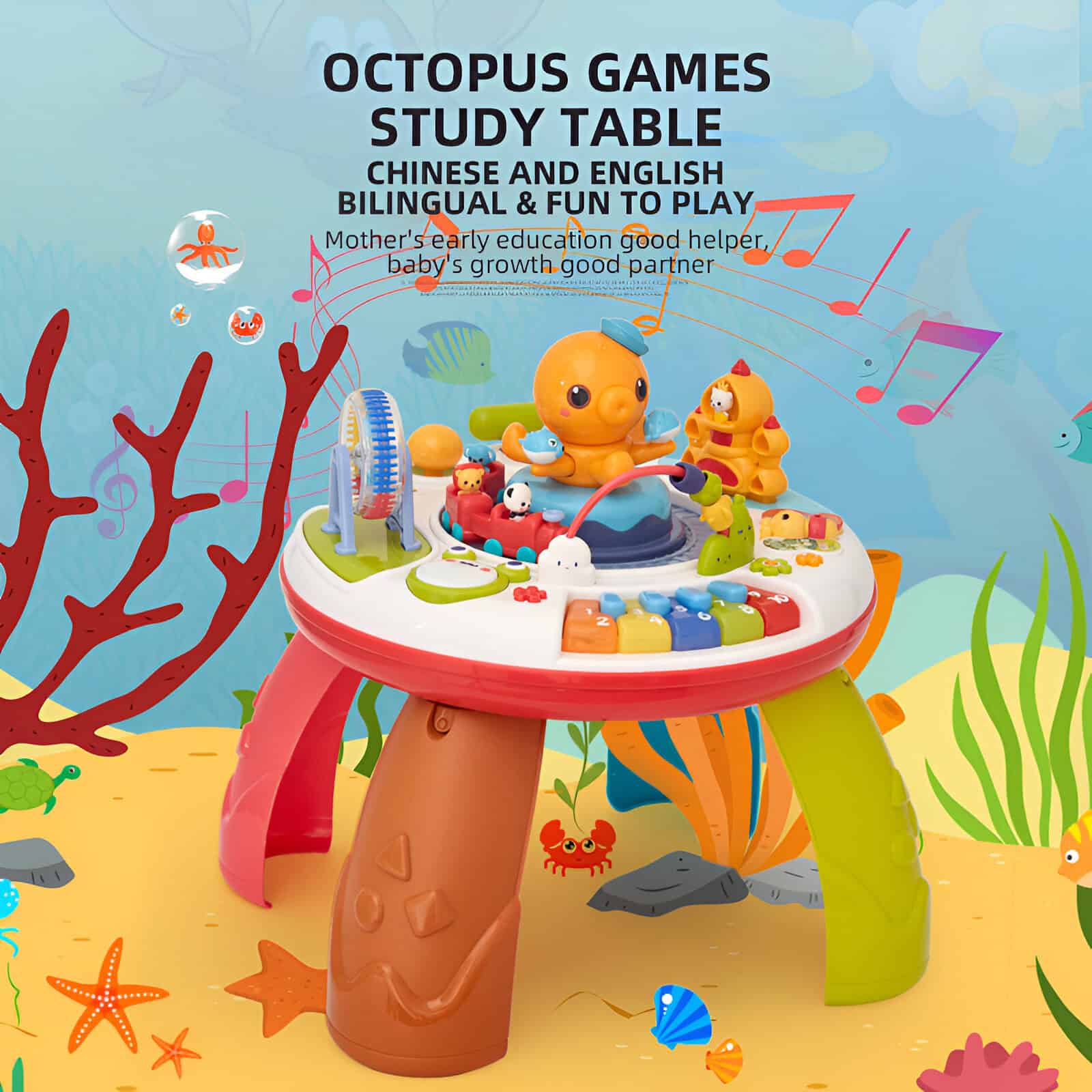 Bright colorful octopus-themed babies' activity table designed for early childhood development, featuring musical instruments and interactive toys for engaging play and learning.