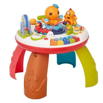 Colorful baby activity table with interactive toys for developmental play, including musical instruments, animal figures, and sensory activities, designed for infants and toddlers.