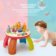 Colorful baby activity table with educational toys and interactive features for infant development and play.