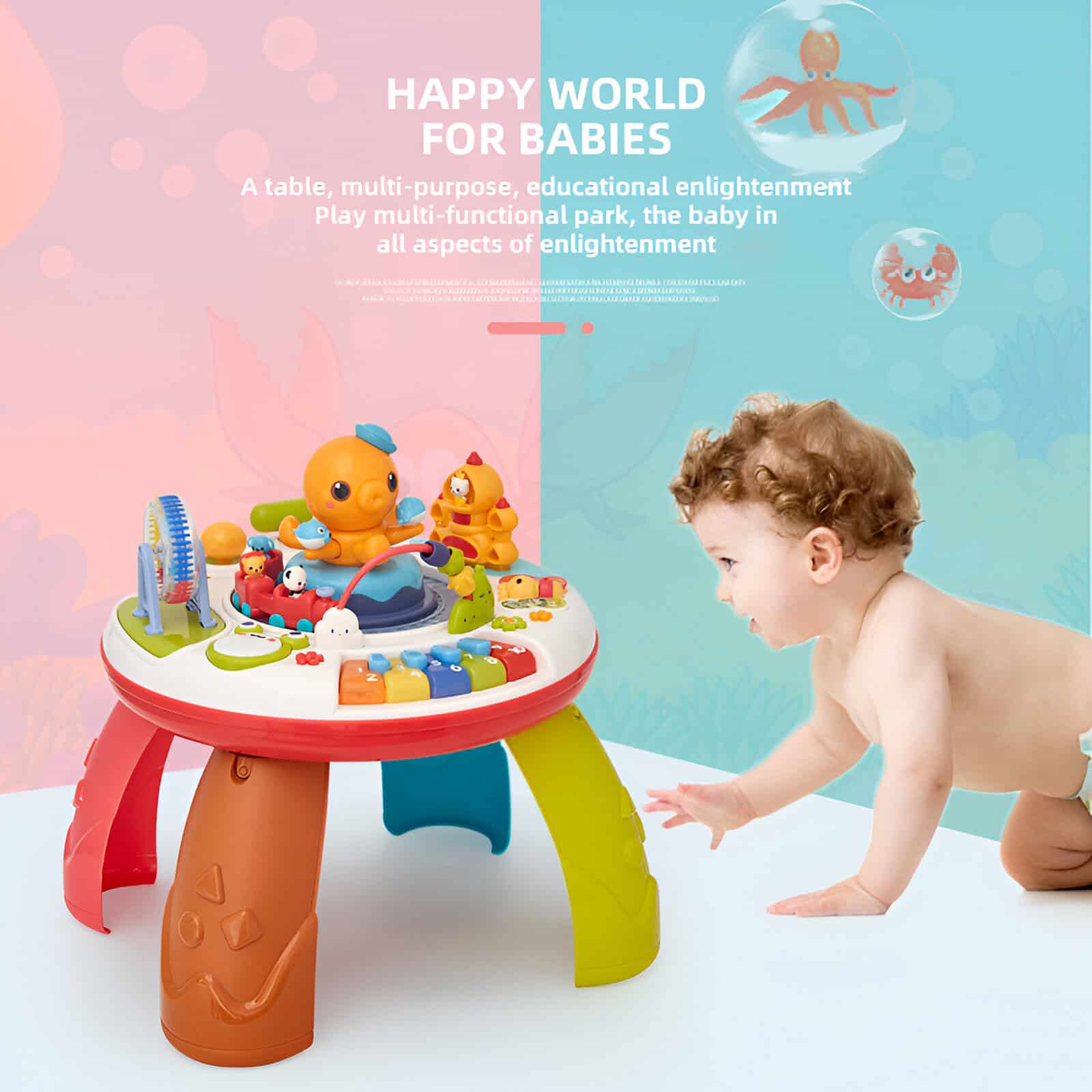 Colorful baby activity table with educational toys and interactive features for infant development and play.