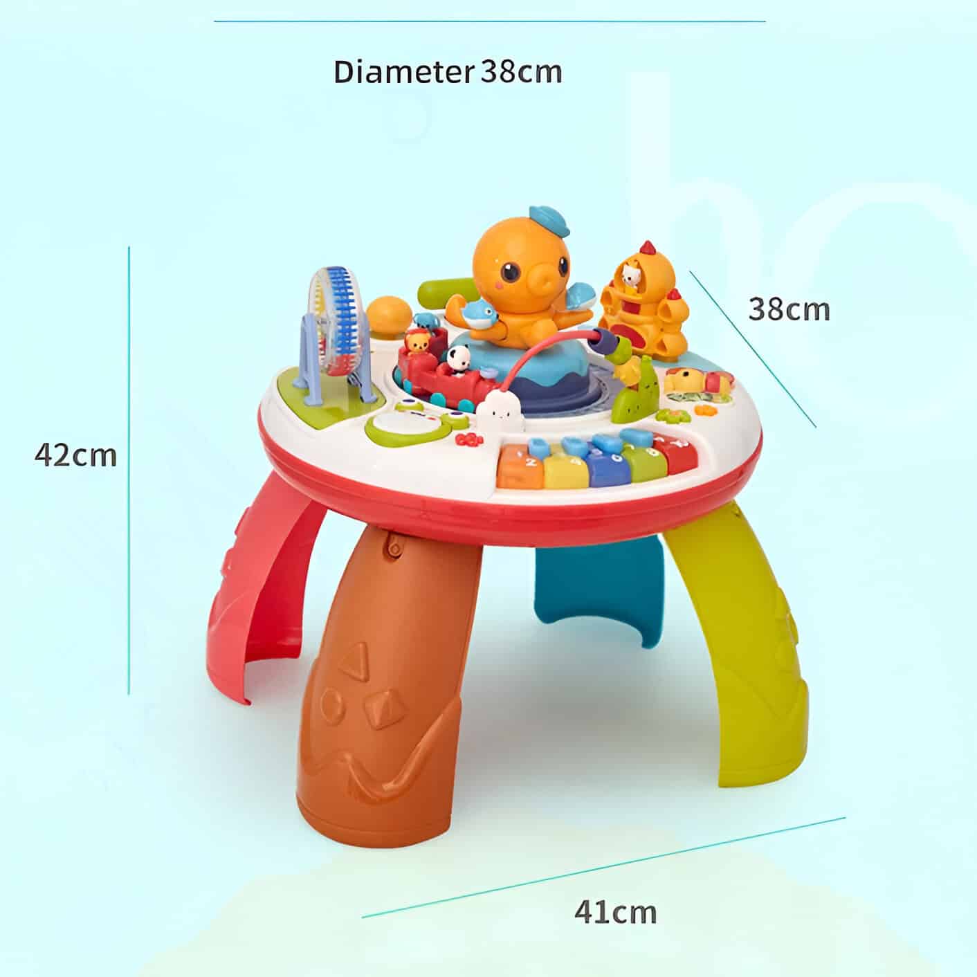 Bright colorful baby activity center with interactive toys and musical features for infants, measuring 42cm high, 41cm wide, and 38cm deep, ideal for early childhood development and play.