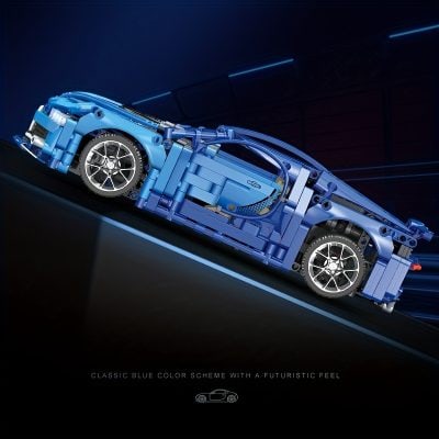 LEGO speed car model in blue with sleek, futuristic design, detailed wheels, and dynamic pose, showcasing advanced engineering and innovative construction at Monalisa Store for automotive enthusiasts.