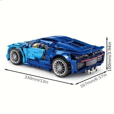 Vivid blue LEGO car model with detailed design, measuring 330mm in length, 167mm in width, and 100mm in height, perfect for automotive enthusiasts and LEGO collectors.