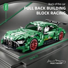 Lego replica of a racing sports car with green, red, and white accents on display at Monalisa Medical Store.