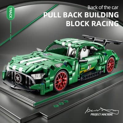 Lego replica of a racing sports car with green, red, and white accents on display at Monalisa Medical Store.