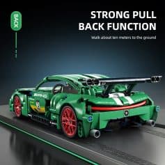 High-quality LEGO race car model with green, red, and black accents, featuring detailed parts like rear spoiler and wheels, designed for racing fans and LEGO enthusiasts.