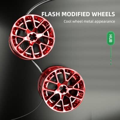 Red flash modified wheels with sleek metal appearance for automotive customization and style enhancement.