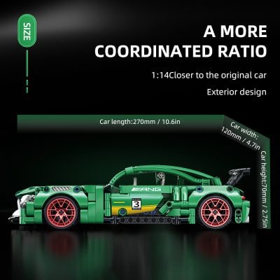 Lego car model with detailed exterior design and green color, showcasing a compact and realistic appearance, suitable for toys and collectibles.