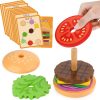 Colorful wooden toy burger set with tomato, lettuce, cheese, and bun; includes activity cards for learning food items and sorting skills, perfect for early childhood education.