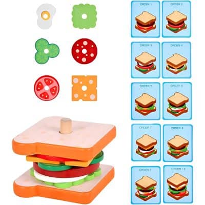 Bread, lettuce, tomato, cheese, and burger layers with a wooden base for stacking play and educational fun.
