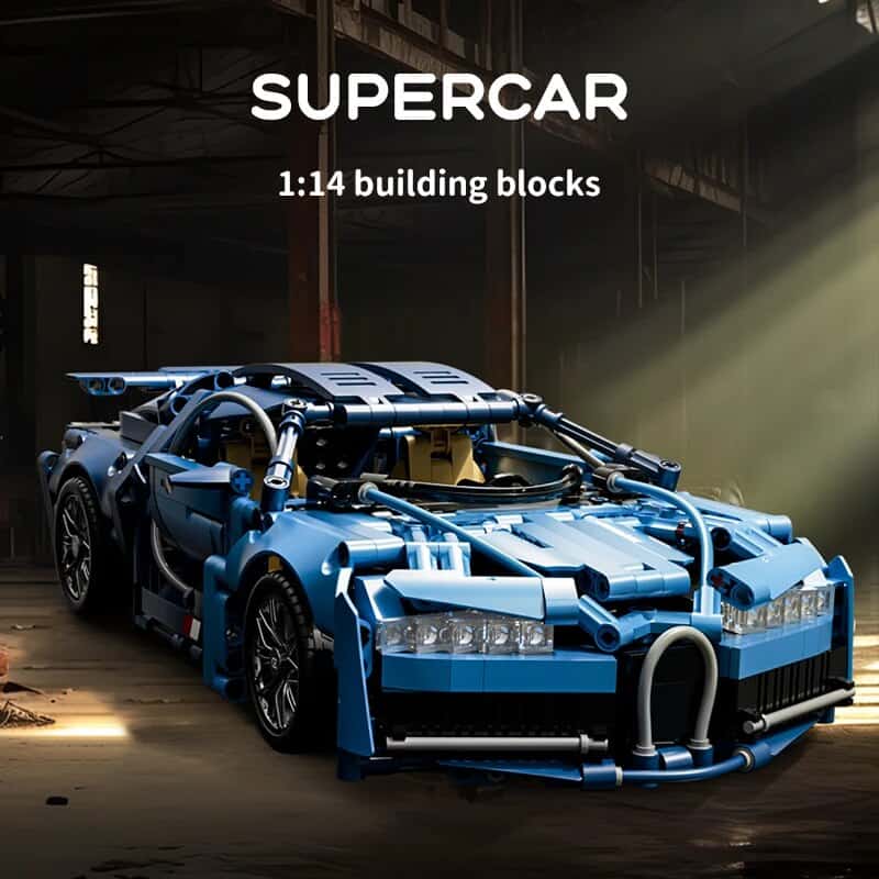 Supercar toy model built from LEGO bricks in a dim industrial setting with sunlight streaming in, showcasing detailed craftsmanship and vibrant blue color for automotive enthusiasts and LEGO fans.