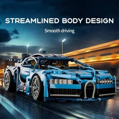 Lego-style blue race car with sleek design and modern components on a city street at night.