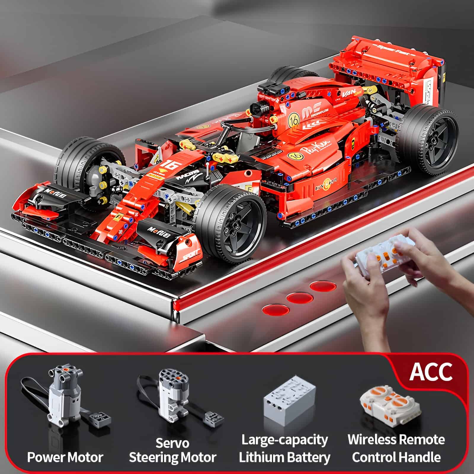 LEGO Ferrari Formula 1 race car building kit with remote control, detailed engine parts, and authentic design, ideal for racing fans and Lego enthusiasts.