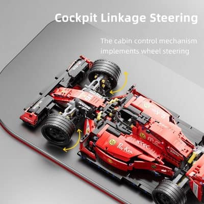 Stadium-classic Formula 1 racing car built with LEGO, Monalisa Medical store branding, detailed interior with cockpit and steering mechanisms, realistic racing design, perfect for LEGO and motorsport enthusiasts.