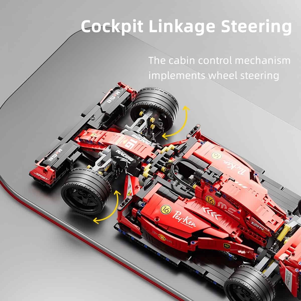 Stadium-classic Formula 1 racing car built with LEGO, Monalisa Medical store branding, detailed interior with cockpit and steering mechanisms, realistic racing design, perfect for LEGO and motorsport enthusiasts.