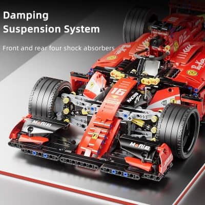 Lego formula race car model with detailed suspension system, front and rear shock absorbers, and intricate engine parts on display at Monalisa Store. perfect for automotive enthusiasts and collectors.