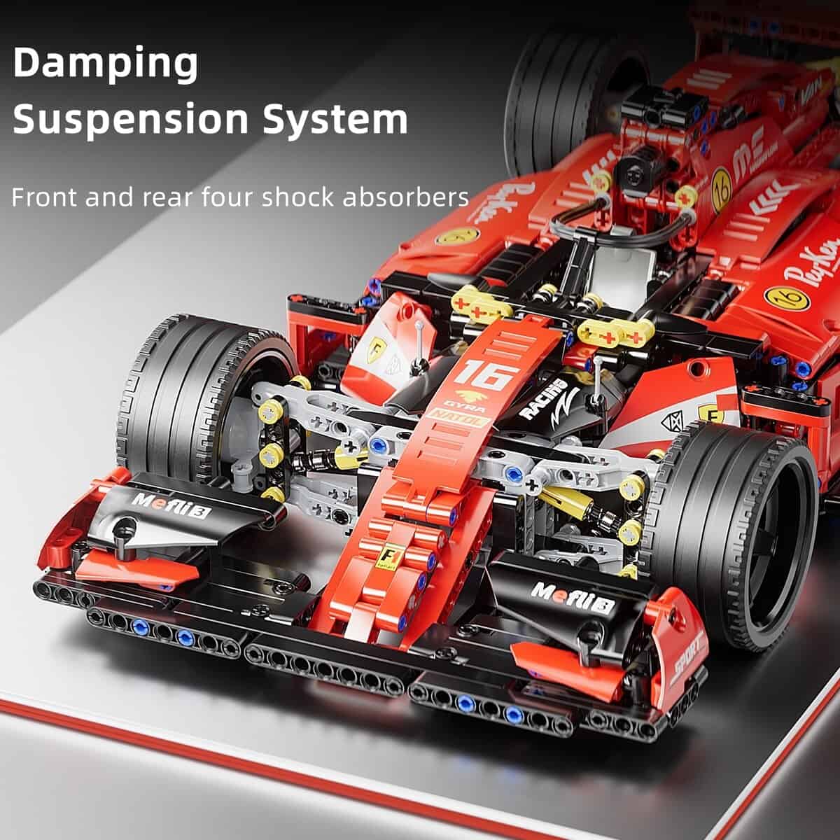 Lego formula race car model with detailed suspension system, front and rear shock absorbers, and intricate engine parts on display at Monalisa Store. perfect for automotive enthusiasts and collectors.