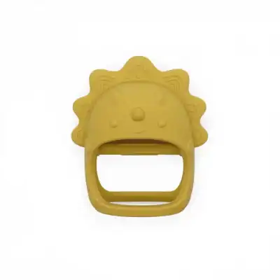 Cute yellow lion-shaped silicone baby teething toy with a handle for easy grip, ideal for soothing infants' gums during teething.