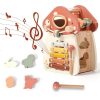Wooden children's xylophone toy with animal shapes, musical notes, and a mallet, designed for early childhood music education and sensory development.