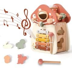 Wooden children's xylophone toy with animal shapes, musical notes, and a mallet, designed for early childhood music education and sensory development.