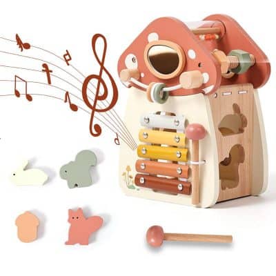 Wooden children's xylophone toy with animal shapes, musical notes, and a mallet, designed for early childhood music education and sensory development.