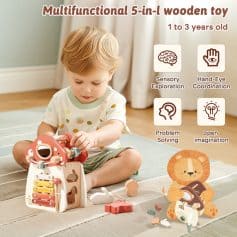 Multifunctional 5-in-1 wooden toy for children aged 1-3, promoting sensory exploration, hand-eye coordination, problem solving, and open imagination with engaging animal-themed design.