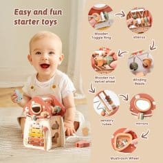 Wooden baby sensory toy with abacus, spinning wheels, mirrors, and sensory tubes for early development.
