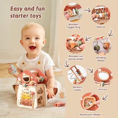Wooden baby sensory toy with abacus, spinning wheels, mirrors, and sensory tubes for early development.
