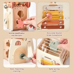 Wooden animal sorter toy for children, sensory xylophone with safe spring roof, door matching training, and animal classification game - ideal for early childhood development and musical learning.