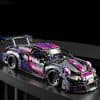 High-performance racing car model with vibrant pink, purple, and yellow decals, featuring detailed aerodynamic design, racing tires, and rear spoiler, displayed on a sleek black platform at Monalisa Store.