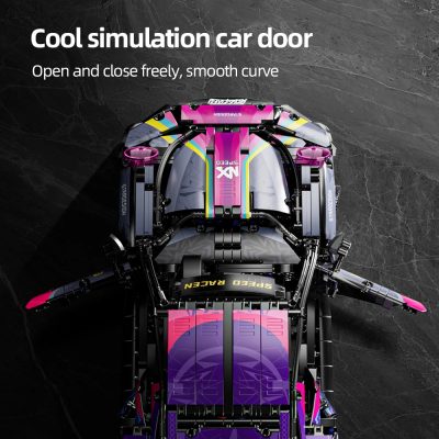 Vivid colorful racing car simulation with sleek black chassis, pink, purple, yellow accents, and open-close smooth curves, perfect for high-tech entertainment and automotive enthusiasts.