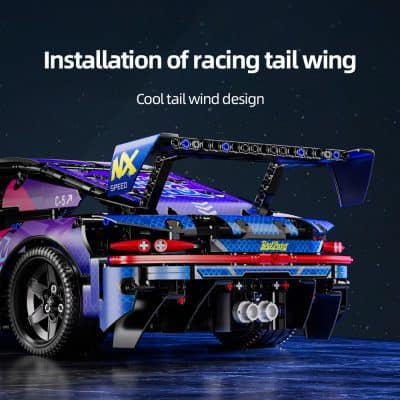 V8 racing car with aerodynamic rear wing, enhanced for speed, under a starry night sky, demonstrating high-performance automotive design.